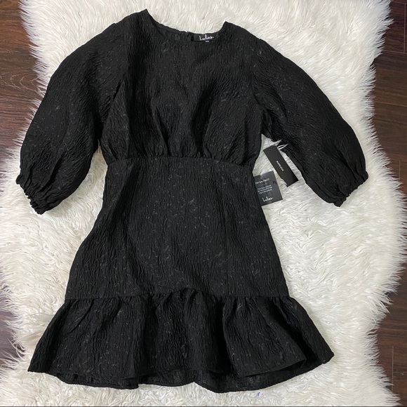 NWT Lulus To Love Black Jacquard Puff Sleeve Mini - Picture 4 of 6
